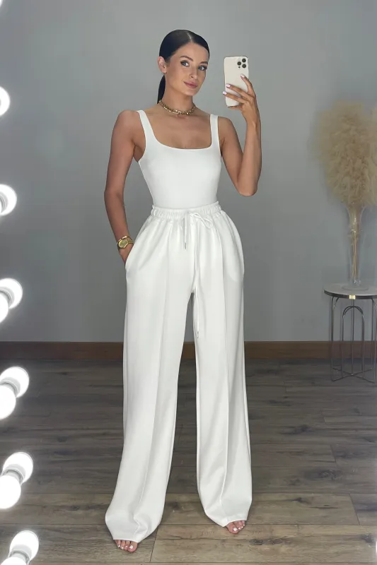 SKYE Buttery Soft Pin-Tuck Wide Leg Joggers in White sold by Talliah Rose UK