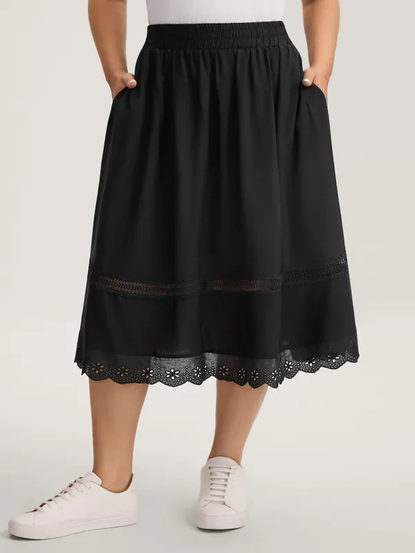 Shirred Lace Trim Pleated Midi Skirt sold by Bloomchic