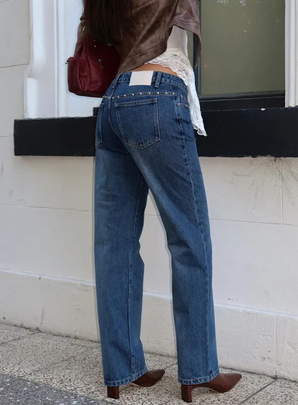 So Dazzling Studded Low Rise Straight Leg Jeans Dark Wash sold by Princess Polly