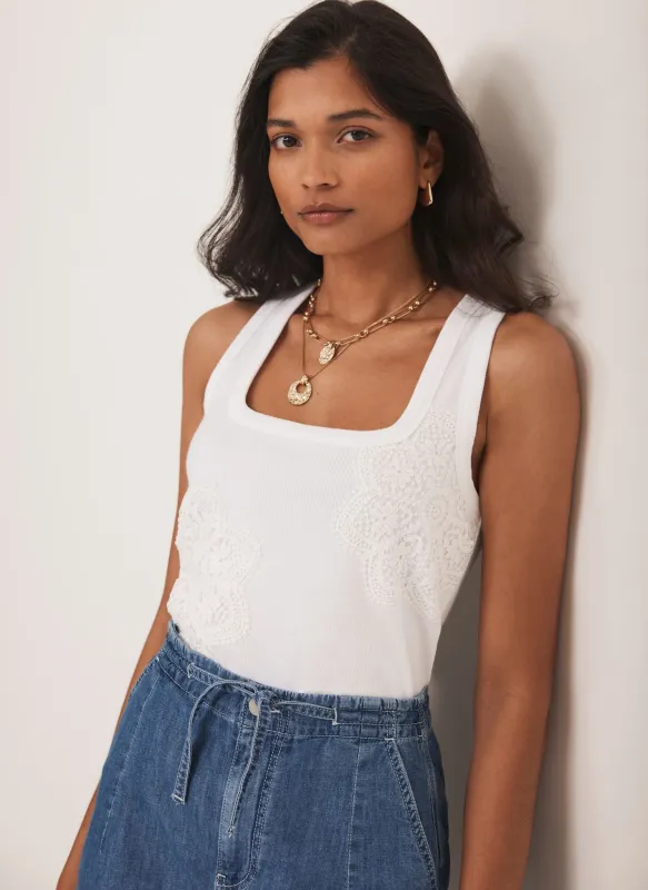 White Cotton Blend Crochet Vest Top sold by Mint Velvet