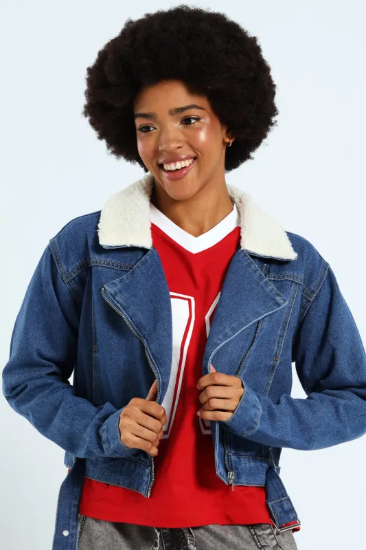 Belted Sherpa Biker Jacket - Mid Blue sold by Edgars 