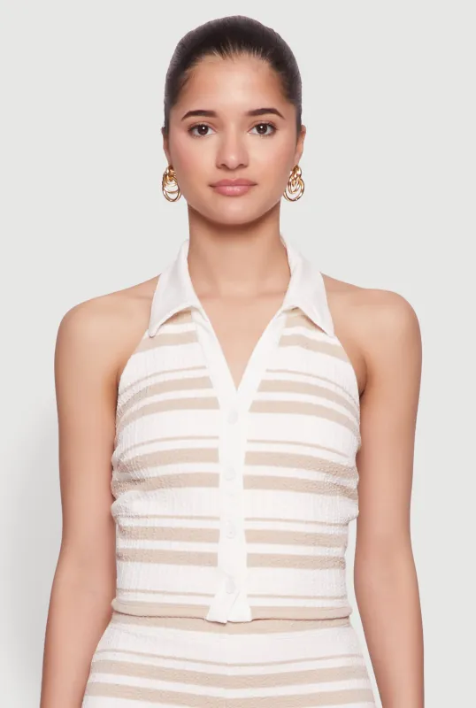 Textured Knit Striped Cropped Halter Top sold by Rainbow