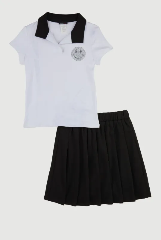 Girls Chic Polo Shirt and Pleated Midi Skirt Set sold by Rainbow