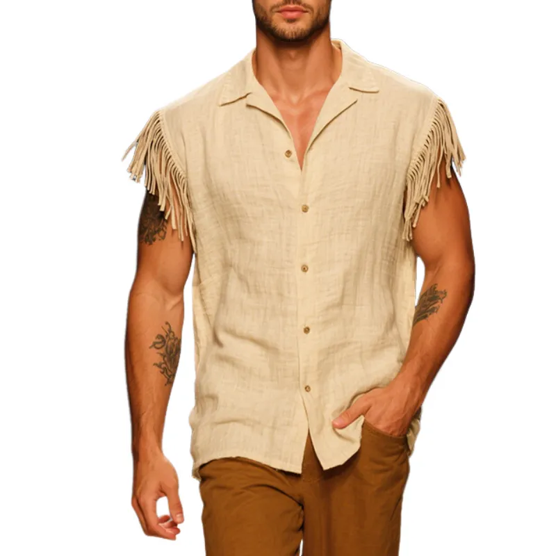 Men's Retro Casual Solid Color Linen Tassel Lapel Sleeveless Shirt MTA2907E7TO sold by Manly