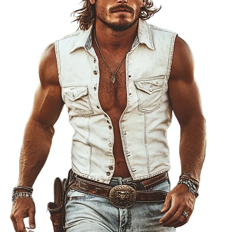 Men's Western Cowboy Style Lapel Solid Color Denim Vest MTA2743E9X sold by Manly