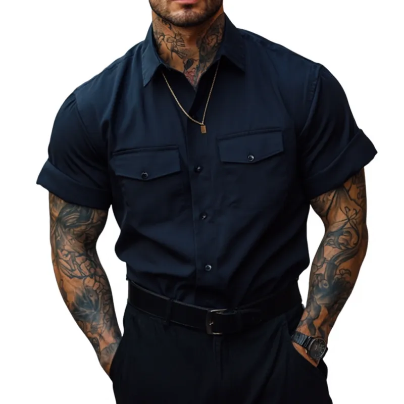 Men's Casual Breathable Cotton Lapel Chest Pocket Loose Short Sleeve Work Shirt MTA2752E8M sold by Manly