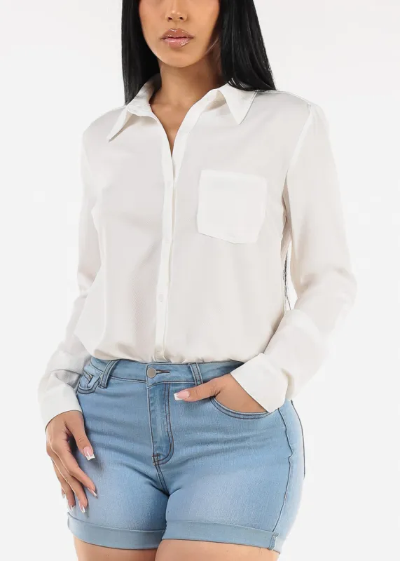 Long Sleeve Button Down Twill Collared Blouse Ivory sold by Moda