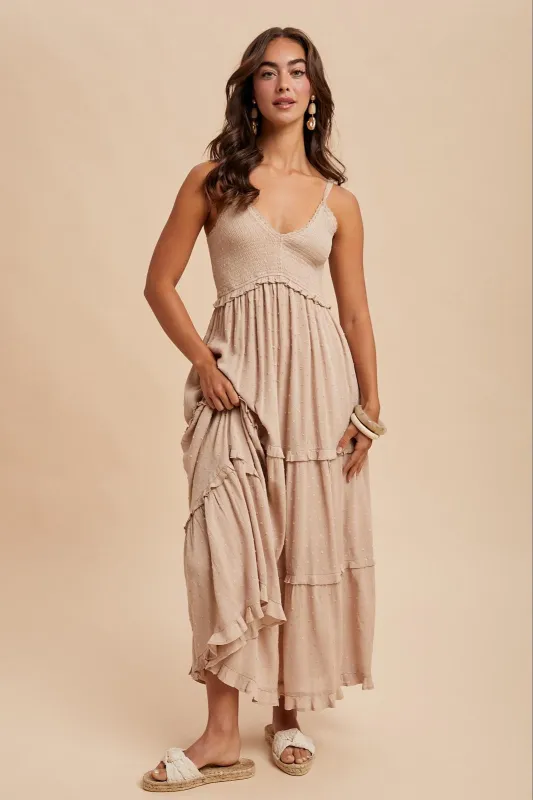 Beige Swiss Dot Smocked Sleeveless Maxi Dress sold by Pinkblush
