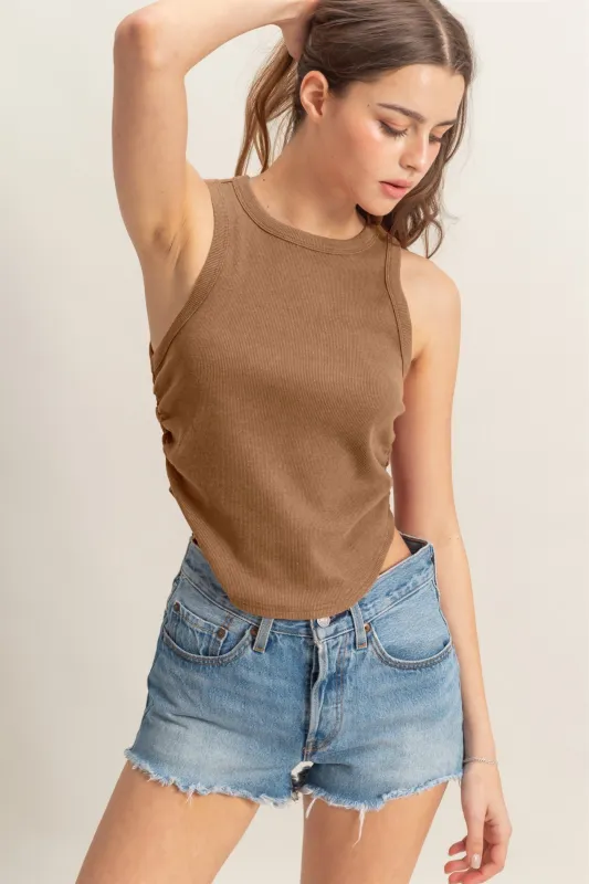 Taytum Mineral Washed Ruched Tank, Mocha sold by North & Main Clothing Company