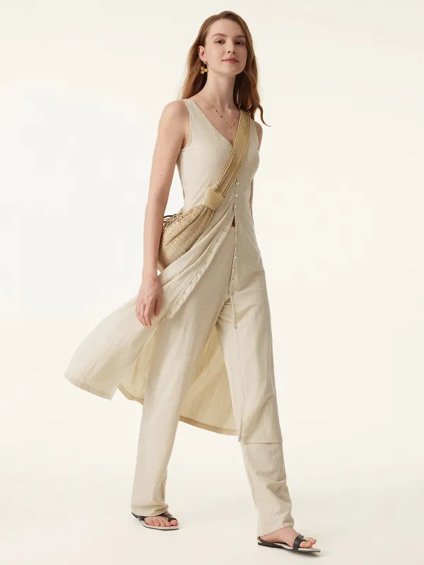 2Pcs Set V-neck Button Front Midi Vest Dress & Mid Rise Straight Leg Pant sold by ogl move