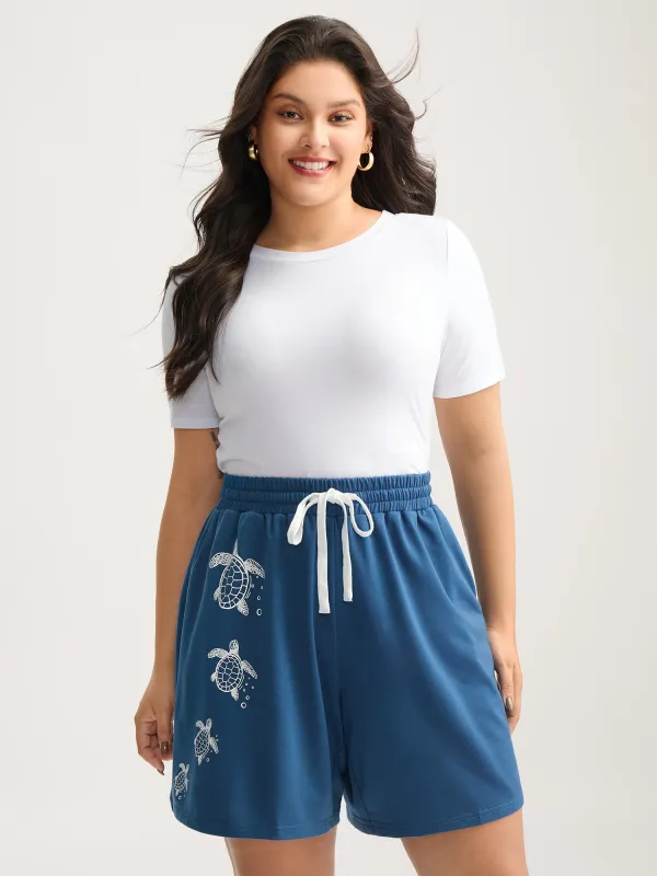 Turtle Print Drawstring Straight-Leg Shorts sold by Bloomchic