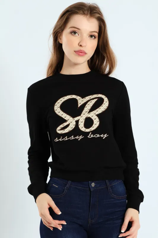 Satin Embroidered Applique Logo Sweat Top - Black sold by Edgars
