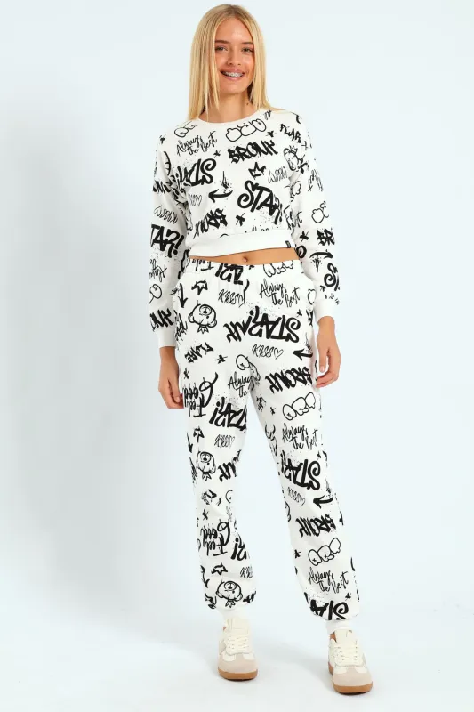 Girls Graffiti Crew Fleece Top - White sold by Edgars