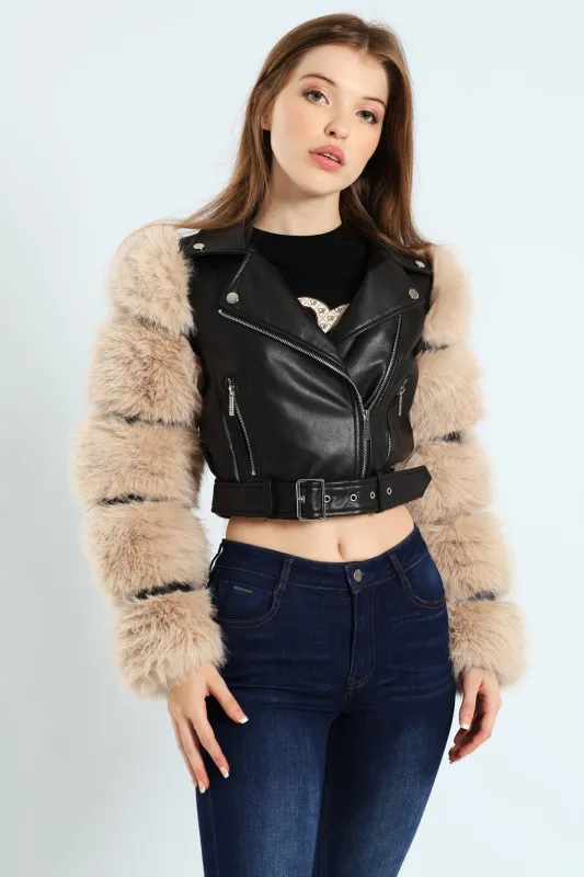 Faux Leather Biker Jacket With Faux Fur Sleeve - Black sold by Edgars