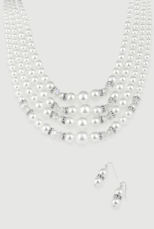 Faux Pearl Rhinestone Beaded Layered Necklace with Drop Earrings sold by Rainbow