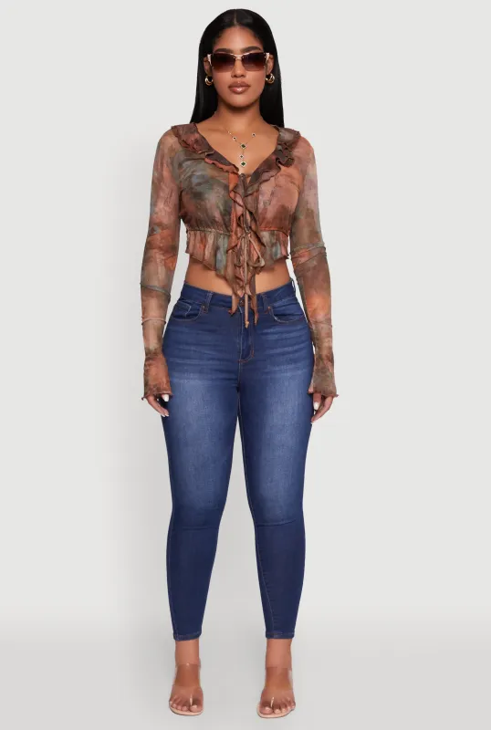 Chic Mesh Tie Front Cropped Blouse with Bell Sleeves sold by Rainbow
