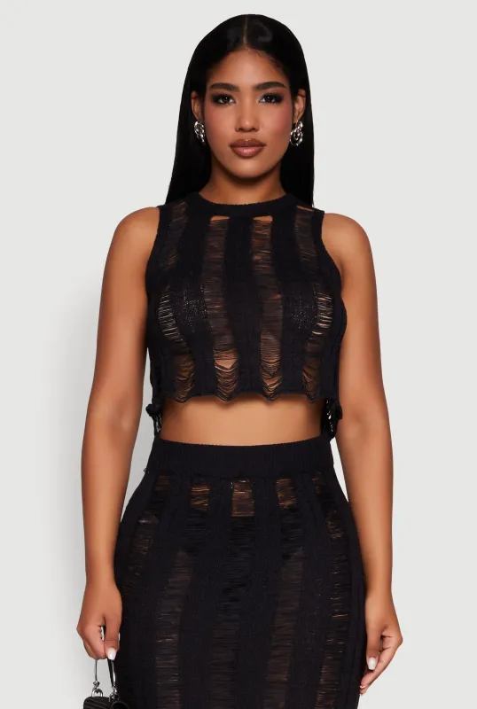 Trendy Sleeveless Distressed Crop Top sold by Rainbow