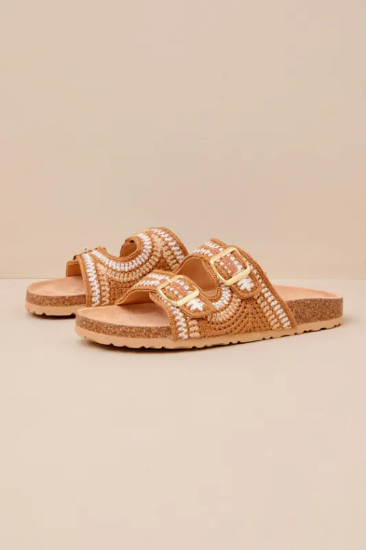 Tambour Brown Multi Crochet Buckle Slide Sandals sold by Lulus