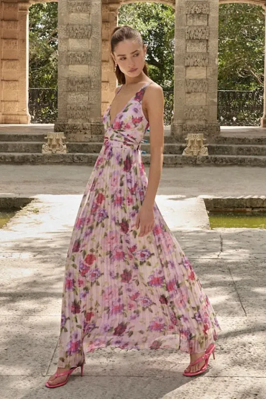 Morgana Lilac Multi Floral Satin Pleated Maxi Dress sold by Lulus