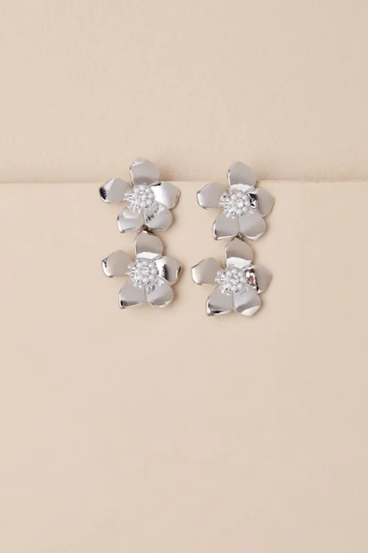 Alstra Silver Flower Statement Earrings sold by Lulus