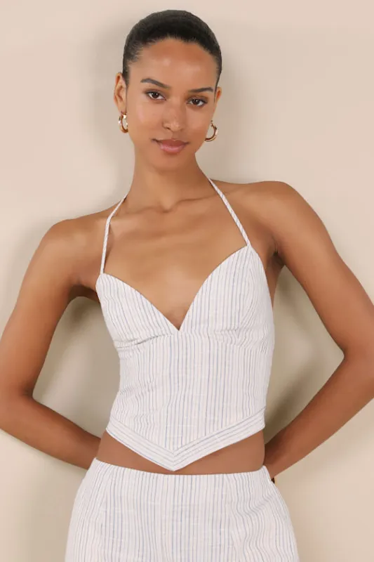 Anahita Cream and Blue Striped Halter Top sold by Lulus