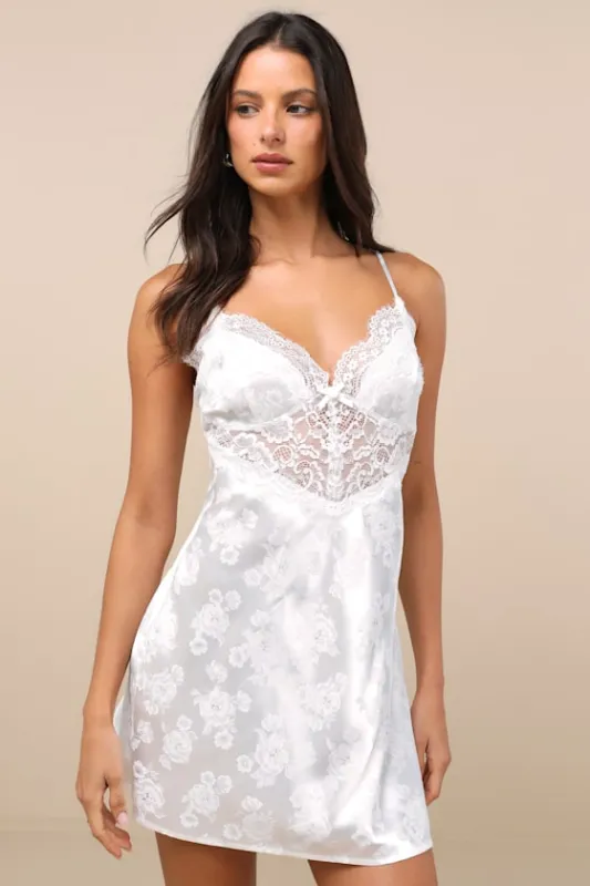 Aliona Ivory Satin Jacquard Lace Lingerie Slip sold by Lulus