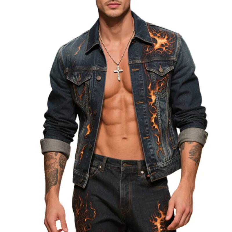 Men's Retro Casual Washed Denim Flame Print Lapel Single Breasted Jacket  MTA2921E0TO sold by Manly