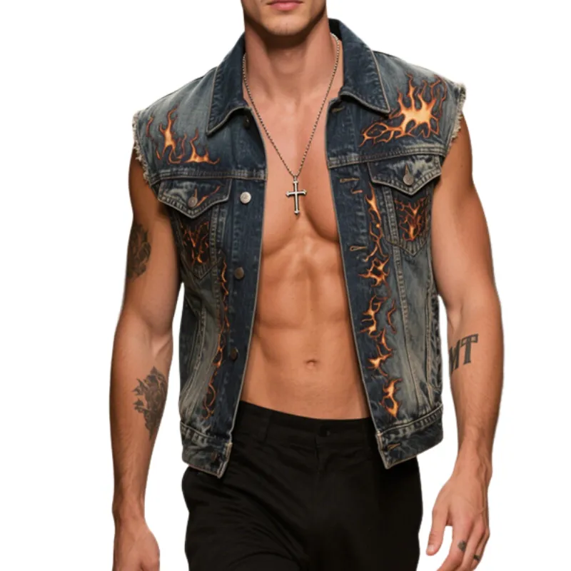 Men's Retro Casual Washed Denim Flame Print Lapel Single Breasted Vest MTA2985E1TO sold by Manly