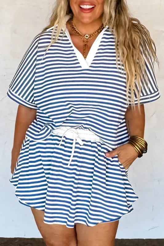 Blue Stripe Short Sleeve Collared V Neck Top Plus Size Short Set sold by Beagle Boutique