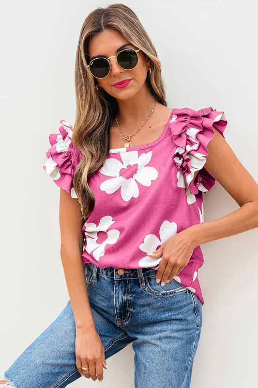 Floral Textured Ruffled Short Sleeve Square Neck Blouse sold by Beagle Boutique