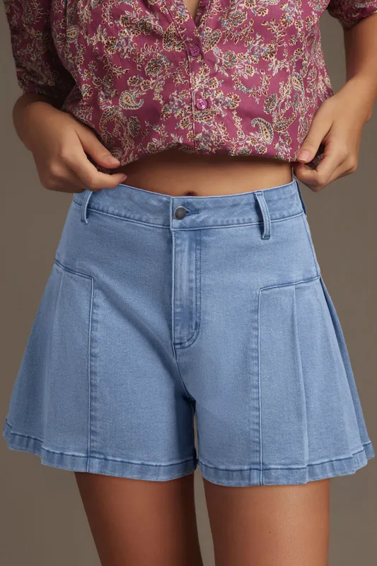 Dusk Blue Pleated Patchwork Wide Leg Lightweight Denim Shorts sold by Beagle Boutique