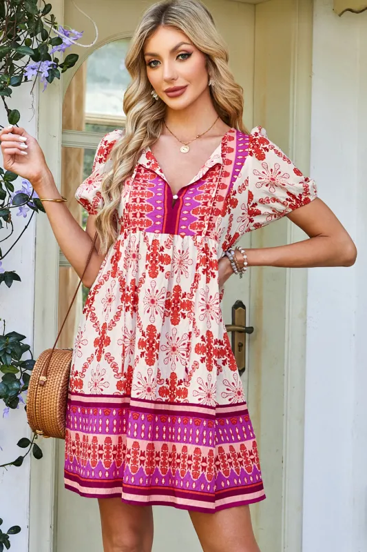 Rose Boho Floral Short Sleeve Lace-up V Neck Mini Dress sold by Beagle Boutique