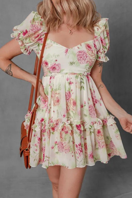 White Vibrant Floral Bubble Sleeve Sweetheart Neck Ruffle Mini Dress sold by Beagle Boutique
