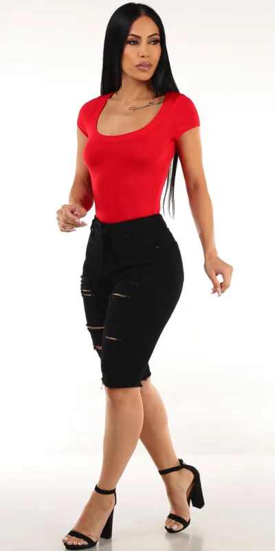 Red Denim Bermuda Shorts Look sold by Moda