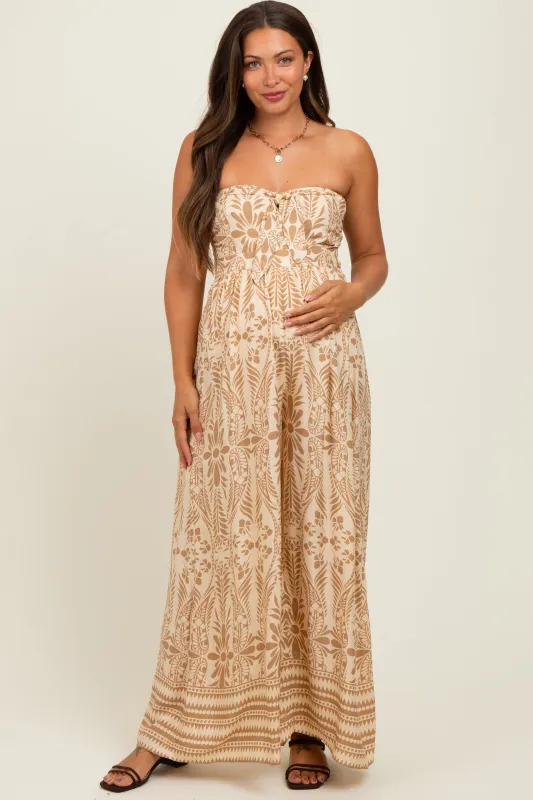 Light Mocha Printed Strapless Front Tie Maternity Jumpsuit sold by Pinkblush