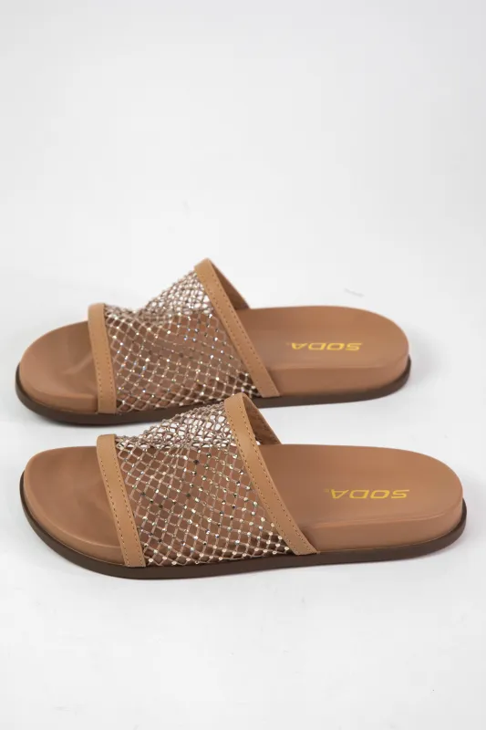 Ensure Rhinestone Studded Fishnet Sandal, Light Tan sold by North & Main Clothing Company