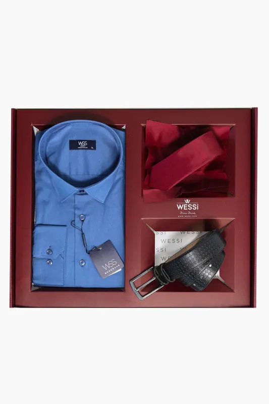 The Dapper Gift Box by Wessi – Includes Sky Blue Shirt, Burgundy Tie & Textured Black Belt sold by Wessi