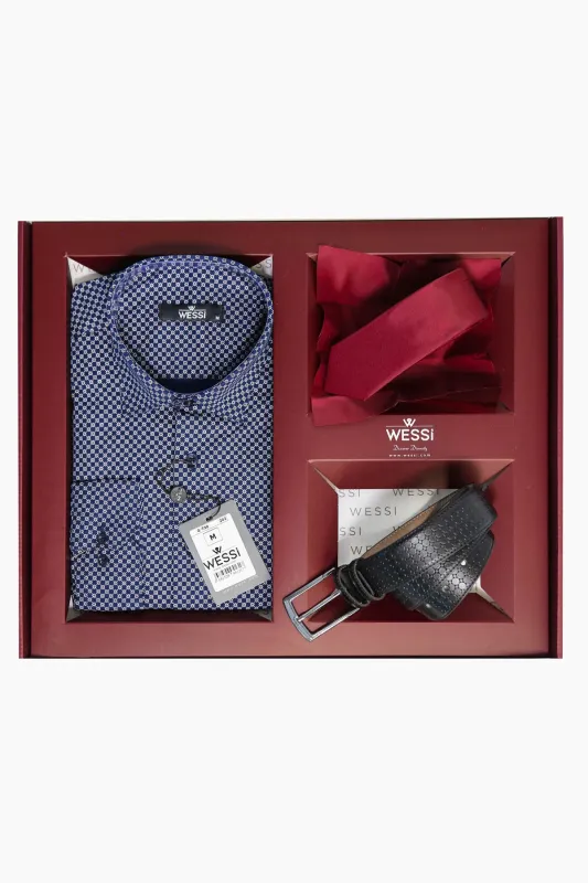 The Dapper Gift Box by Wessi – Includes Blue Tiny-Check Shirt, Burgundy Tie; Black Textured Belt sold by Wessi