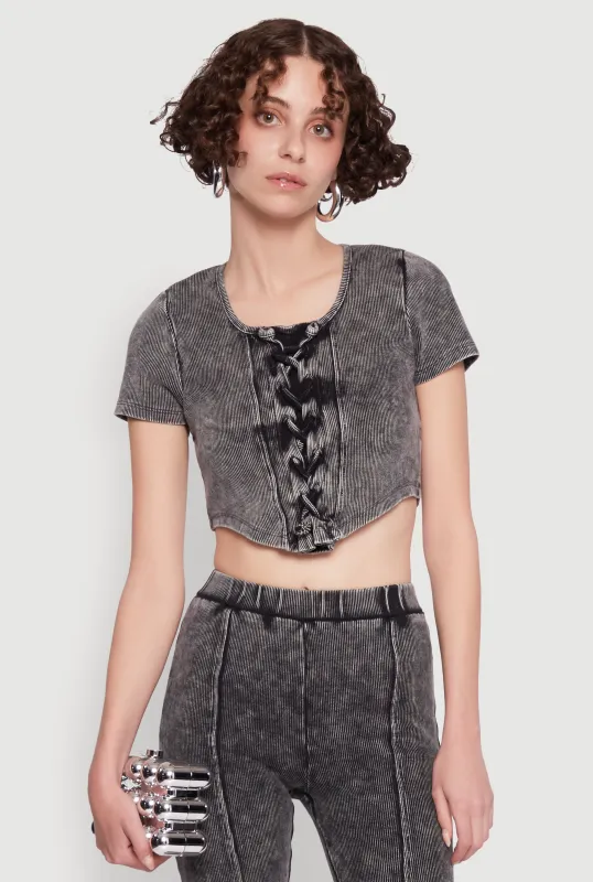 Mineral Wash Lace Up Detail Crop Top sold by Rainbow