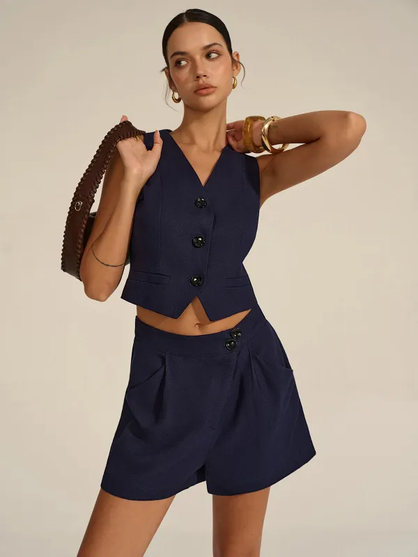 Sleeveless V-Neck Blazer and Shorts Set sold by COMMENSE