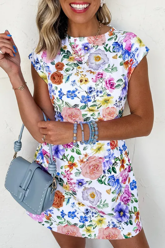 Sky Blue Vibrant Floral Print Cap Sleeve Mini Dress sold by Beagle Boutique