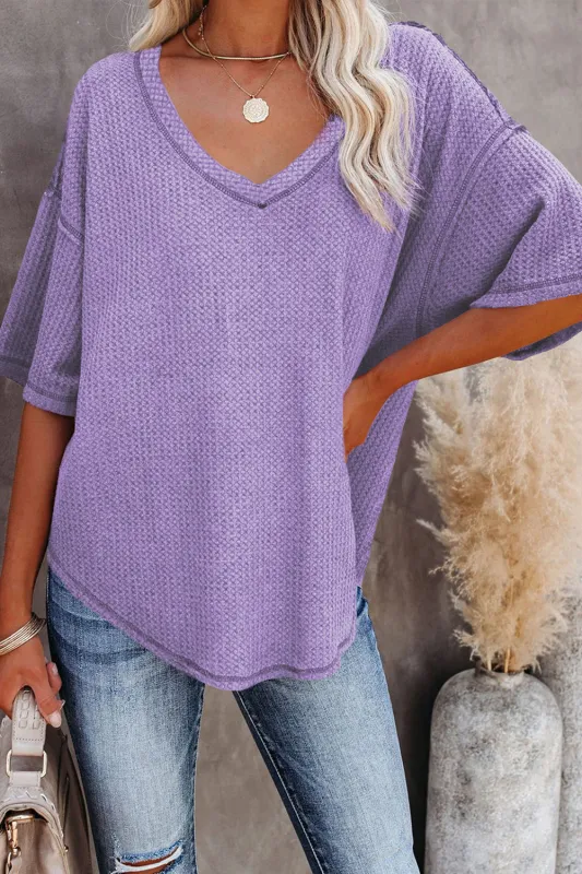 Exposed Seam Half Sleeve Knitted V-Neck Textured Top sold by Beagle Boutique