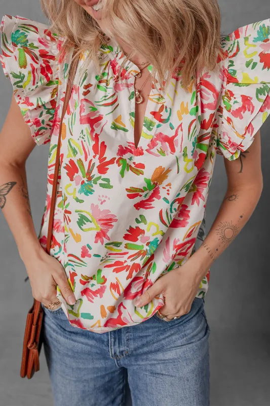 Multicolour Allover Floral Print Flutter Sleeve Split Neck Blouse sold by Beagle Boutique