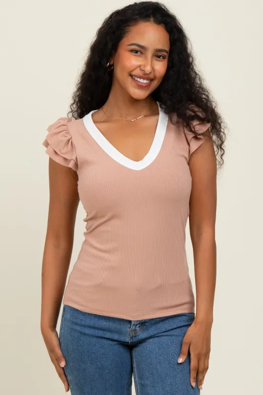 Beige/ Ivory Solid Ribbed Ruffle Sleeve Fitted Top sold by Pinkblush