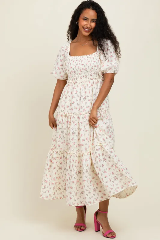 Pink Floral Smocked Ruffle Tiered Maxi Dress sold by Pinkblush