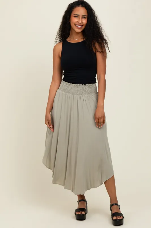 Light Olive Smocked Waist Rounded Hem Midi Skirt sold by Pinkblush