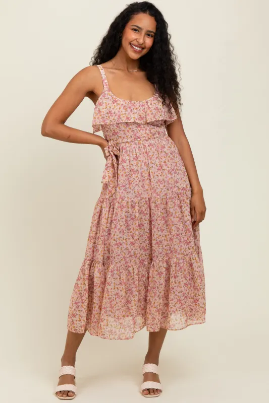 Pink Floral Ruffle Smocked Back Tiered Midi Dress sold by Pinkblush