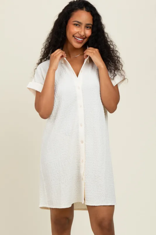 Ivory Textured Short Sleeve Button Down Shirt Dress sold by Pinkblush