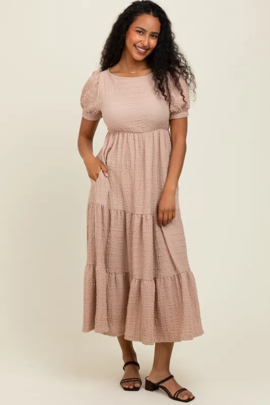 Mocha Solid Textured Tiered Shirt Sleeve Maxi Dress sold by Pinkblush