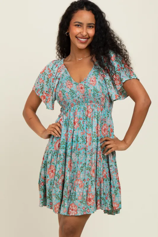 Mint Smocked Bodice V Neck Flutter Sleeve Dress sold by Pinkblush